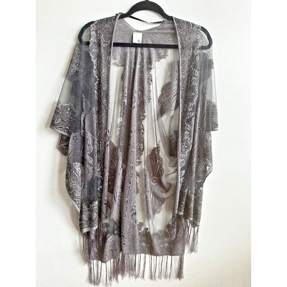 SO Kohls OS Gray Sheer Paisley Fringe Kimono Boho Festival Cottagecore Indie